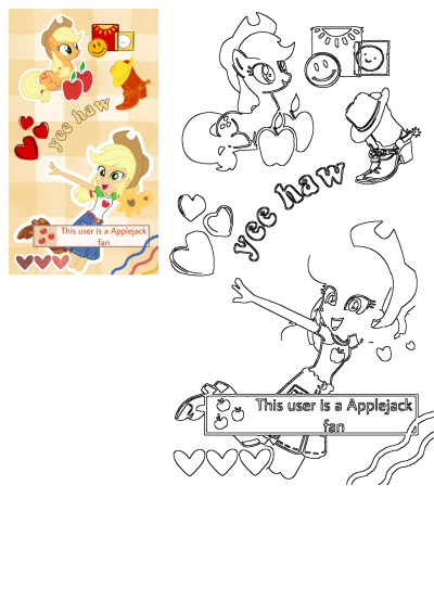 Colorful cartoon image featuring Applejack from My Little Pony with apples, hearts, cowboy boot, yee haw text, and fan badge.
