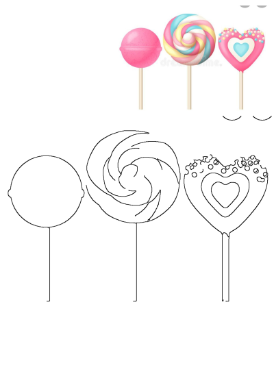 Three lollipops - round pink, swirl and heart shaped. The heart-shaped lollipop is pink with a blue heart detail, sweet treats, candies.