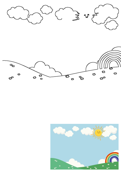 Cartoon image featuring a happy sun, fluffy clouds, green hills with flowers, and a vibrant rainbow, perfect for a children's theme.