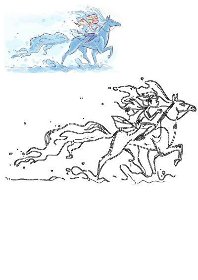 Drawing of Elsa riding a blue horse made of water, splashing through the sea. Beautiful artwork, great for fans. 