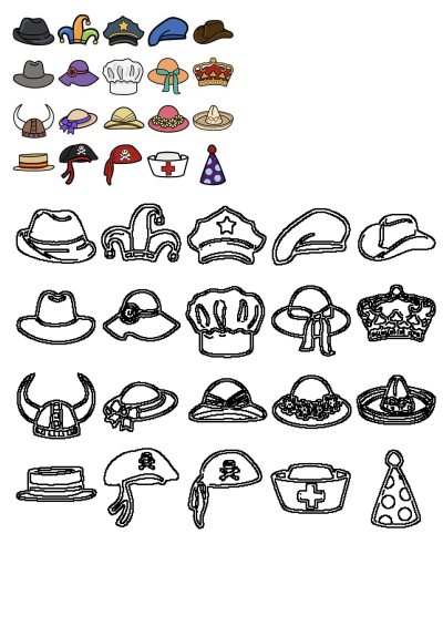 Cartoon illustration shows many different hats on a white background, featuring styles such as pirate, chef, and party hats.