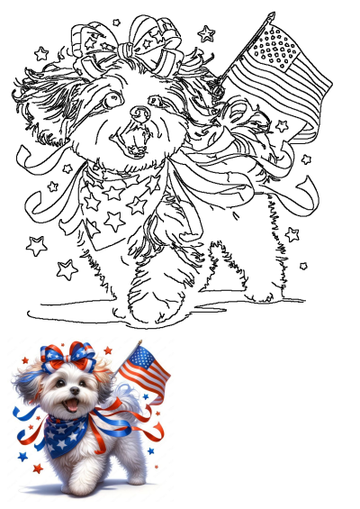 An adorable outline illustration of a patriotic puppy, adorned with a star-spangled bow, bandana, and an American flag.