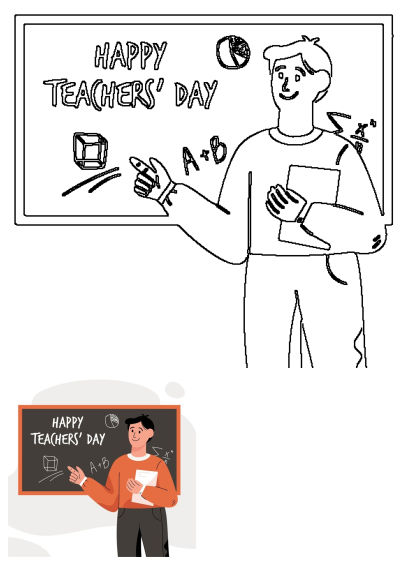 Happy Teachers' Day illustration. A man stands in front of a blackboard with 'Happy Teachers' Day' written on it, next to math symbols.