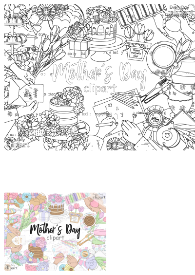 Mother's Day clipart featuring flowers, cake, macarons, a tea party, and handmade gifts on the table. Great for Mother's Day crafts.