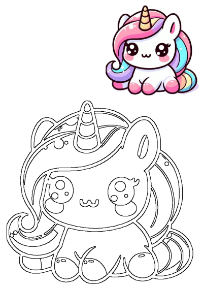 A charming kawaii unicorn with a vibrant rainbow mane and golden horn, alongside its black-and-white line art outline for coloring.