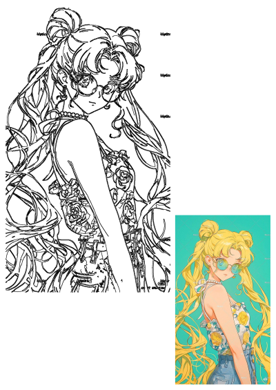 Anime girl with long blonde hair in buns, wearing sunglasses and a floral top. A cute Sailor Moon inspired look with a modern twist. 