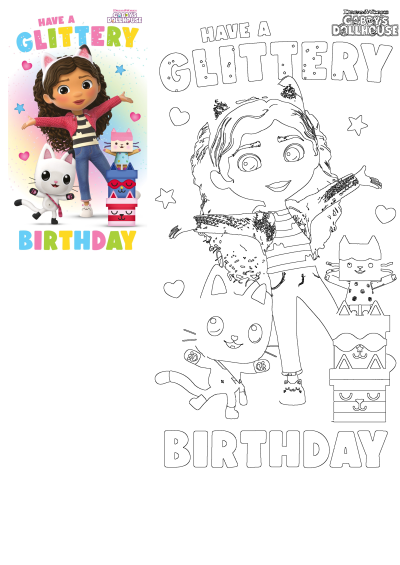 9x6 inch Gabby's Dollhouse "Glittery" Birthday Card, perfect for fans! Features vibrant characters, glitter, and space for wishes. Includes envelope.