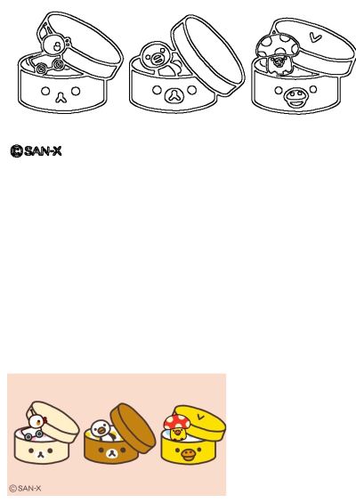 Three cartoon animals, one yellow, one white, are in small boxes on a pink background in this cute San-X illustration. 