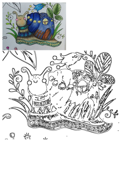 A charming drawing features a whimsical snail with a blue house-shaped shell, green leaves, and a small blue bird perched nearby. 