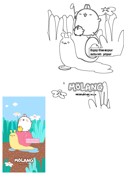 A cartoon character riding on top of a snail in the dirt with daisies behind it, featuring Molang and Piu Piu on a pink-shelled snail.