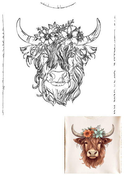 Cute Highland cow PNG sublimation design with floral crown. Transparent background Highland cow clipart for tattoos and paintings. 