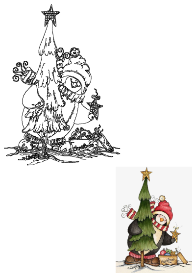 a penguin with a christmas tree on its feet and an ornament hanging from the top