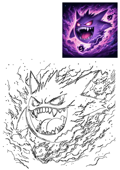 Evil looking Gengar Pokemon with its mouth open, menacing teeth and glowing eyes. Lightning strikes in the stormy sky behind it.