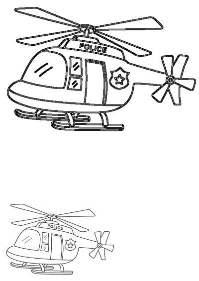 Outline drawing of a police helicopter with the word 'POLICE' on it and a star-shaped badge, ready for coloring.