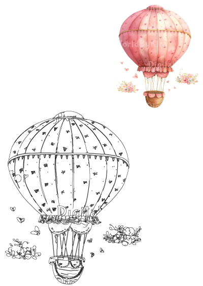 A charming image of a pink hot air balloon adorned with delicate flowers and fluttering butterflies against a clean white background.