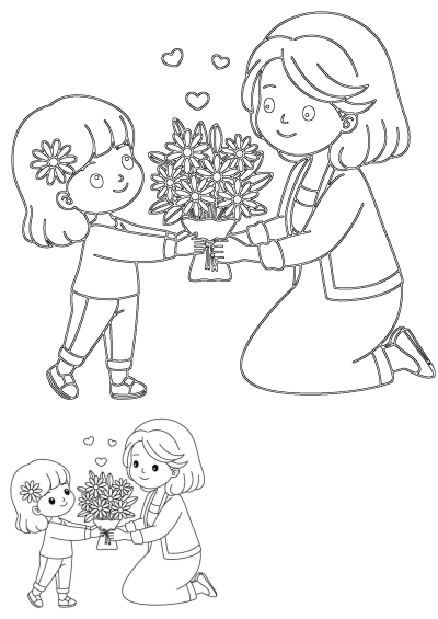A sweet coloring page showing a mother receiving flowers from her child. A lovely moment captured in this line drawing. 