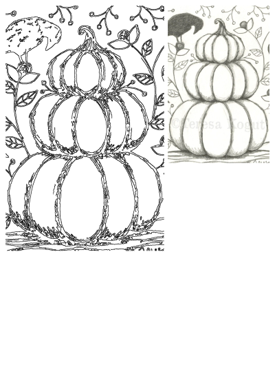 Pencil drawing of a three-tiered pumpkin tower surrounded by vines, leaves, and a black bird. Elegant fall or Halloween decoration.