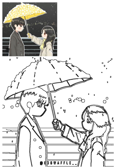 Cute cartoon of a couple in the rain. A girl shares a yellow umbrella with a serious-looking man in a suit. Romance in the rain.