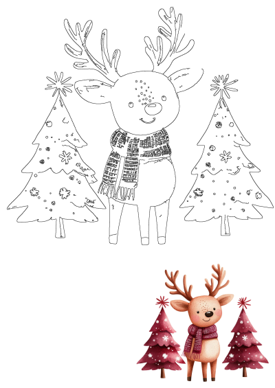 A charming compilation features both an outline drawing and a colored illustration of a cute reindeer in a scarf surrounded by festive Christmas trees.