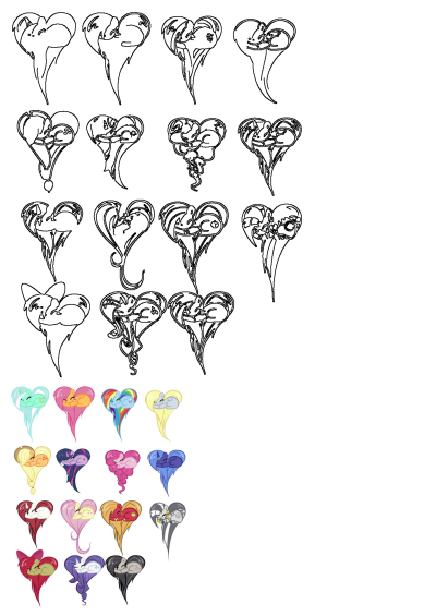 Many different colored pony hearts with faces drawn on them, all in the same color scheme, featuring multiple my little pony characters.