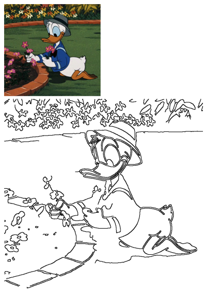 Donald Duck wearing a hat and gardening. He is picking pink flowers in a garden with a brick border and other flowers in the background.