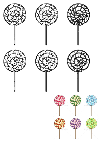 Illustration of six colorful lollipops on a white background. Food objects illustrations of swirled candy on sticks in assorted colors.