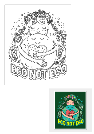 Eco Not Ego Earth Day Environmental Planet Green Gifts art print poster. A woman is hugging the Earth with a heart on its face.