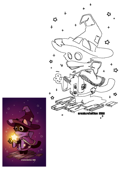 Cartoon of a black cat dressed as a witch with a purple hat, holding a glowing star. Cute witch cat illustration with a magical star.