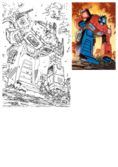Comic art of Optimus Prime, a red and blue robot in the air. Epic Transformers artwork featuring the iconic Autobot leader. 