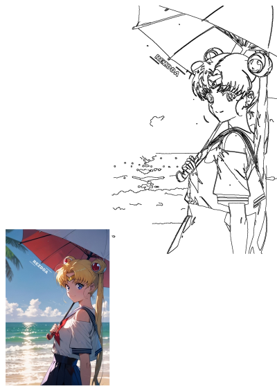Sailor Moon anime character standing on a sandy beach holding an open red umbrella over her head, with ocean in the background.