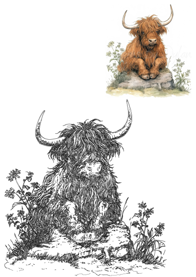 Hand-drawn Highland cow illustration. Part of a bundle of 12 farm cow clip art, perfect for crafting, decoupage, and commercial projects.