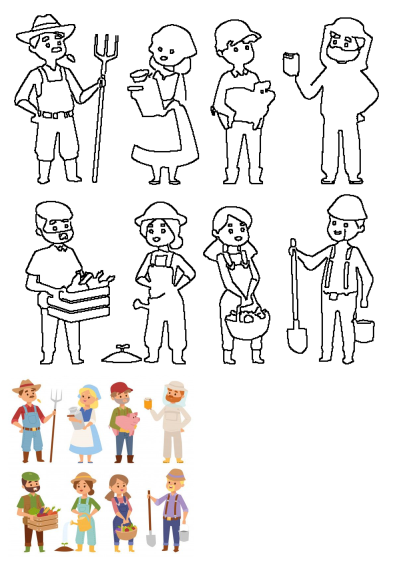 Illustration of people dressed in various farmer costumes, holding farm tools and produce, including a pig, farmer girl, and farmer.