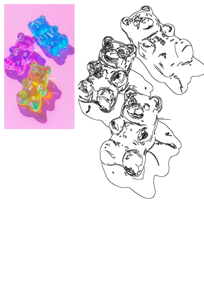 Three colorful gummy bears, pink, yellow and blue, are sitting on a pink surface. One bear is centered in this sweet treat composition.