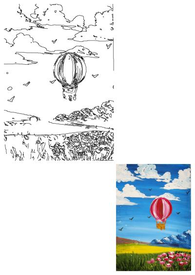 A vibrant painting of a red and pink hot air balloon floating in a blue sky with white clouds, above a field with flowers and yellow grass.