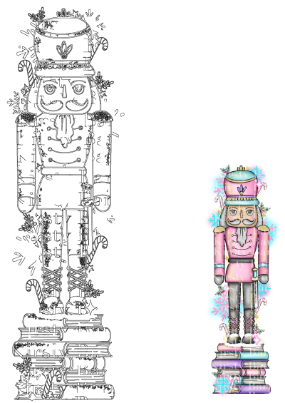 Vibrant pink and blue nutcracker doll atop pastel books with candy canes, holly, and snowflakes, alongside a matching outline for craft projects.