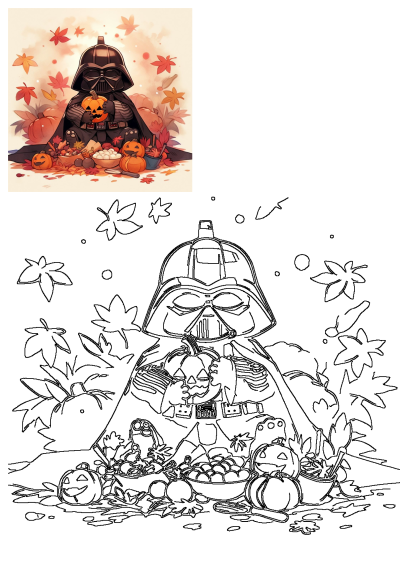 A charming image of Darth Vader surrounded by pumpkins, autumn leaves and festive decorations, embracing the Halloween spirit in a unique way.