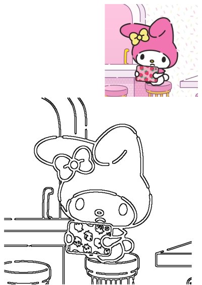 Image of My Melody holding a cell phone with strawberry pattern in front of a pink kitchen background with sprinkles on the walls.