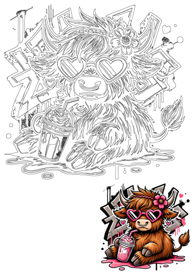 Highland Cow PNG art. Scottish Highland cow with heart sunglasses, flower headband and milkshake. Fluffy Western Cow Clipart.