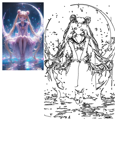 A dreamy image of Sailor Moon in a dress, seated on a crescent moon, surrounded by a sparkling, magical atmosphere.