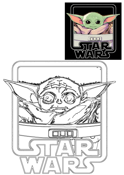 The child yoda star wars t-shirt is shown in black and has an image of baby Yoda (Grogu) in his pram with the Star Wars logo underneath. 