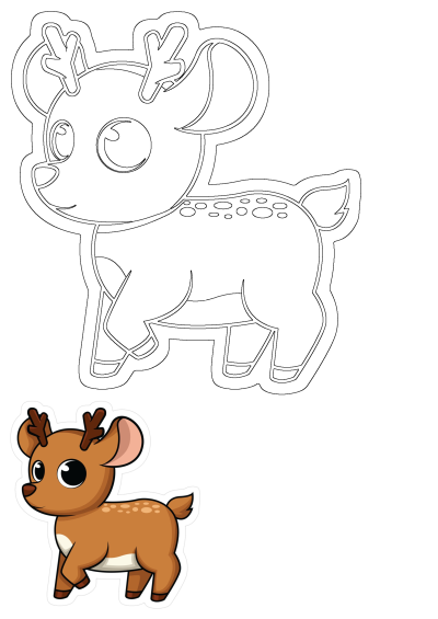 Cute cartoon baby deer fawn with antlers and spots, featured as a black-and-white outline for crafts and a colorful sticker.