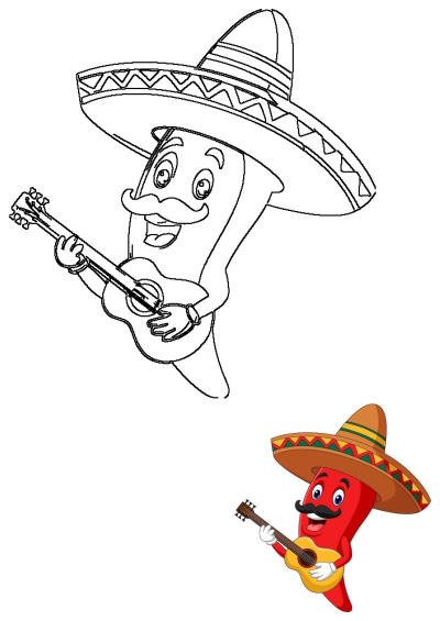 Cartoon illustration of a red chili with a guitar, wearing a sombrero. Playful illustration combining music and Mexican culture.