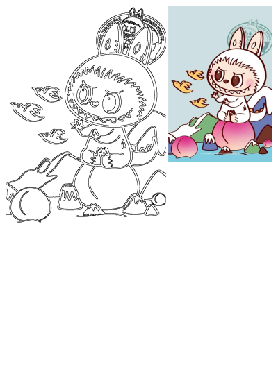 Illustration of a cartoon bunny with a mischievous grin sitting on a peach with birds flying in the background. A whimsical scene in a bright setting.