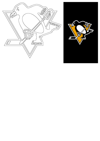 Vintage Pittsburgh Penguins logo featuring a penguin holding a hockey stick and wearing skates, set against a gold triangle on a black background.
