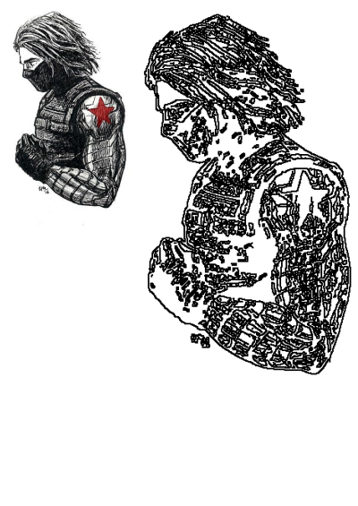 Sketch of The Winter Soldier, masked superhero with long hair and a red star on his metallic arm, in a unique style.