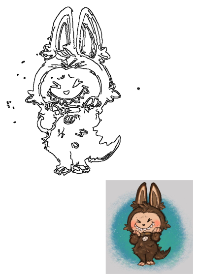 A drawing of a cute, smiling anthropomorphic bunny character with its mouth open, wearing a furry brown costume. Digital art.