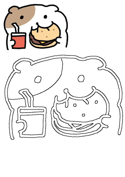 A cute drawing of a guinea pig enjoying a hamburger and a drink. Simple, cartoon style illustration of the pet eating food.
