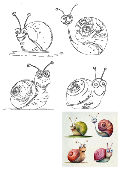 Cartoon painting of four cute snails with different colored shells, one with green shell on grass, smiling, and expressive eyes. 