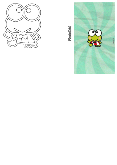 Cute Keroppi frog wearing a red and white striped shirt with a black bowtie, his eyes wide open. Standing in front of a green background.