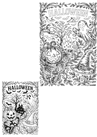 Black and white Halloween coloring page featuring pumpkins, a ghost, castle, witch hat, bats and intricate floral border. Great for Halloween fun!